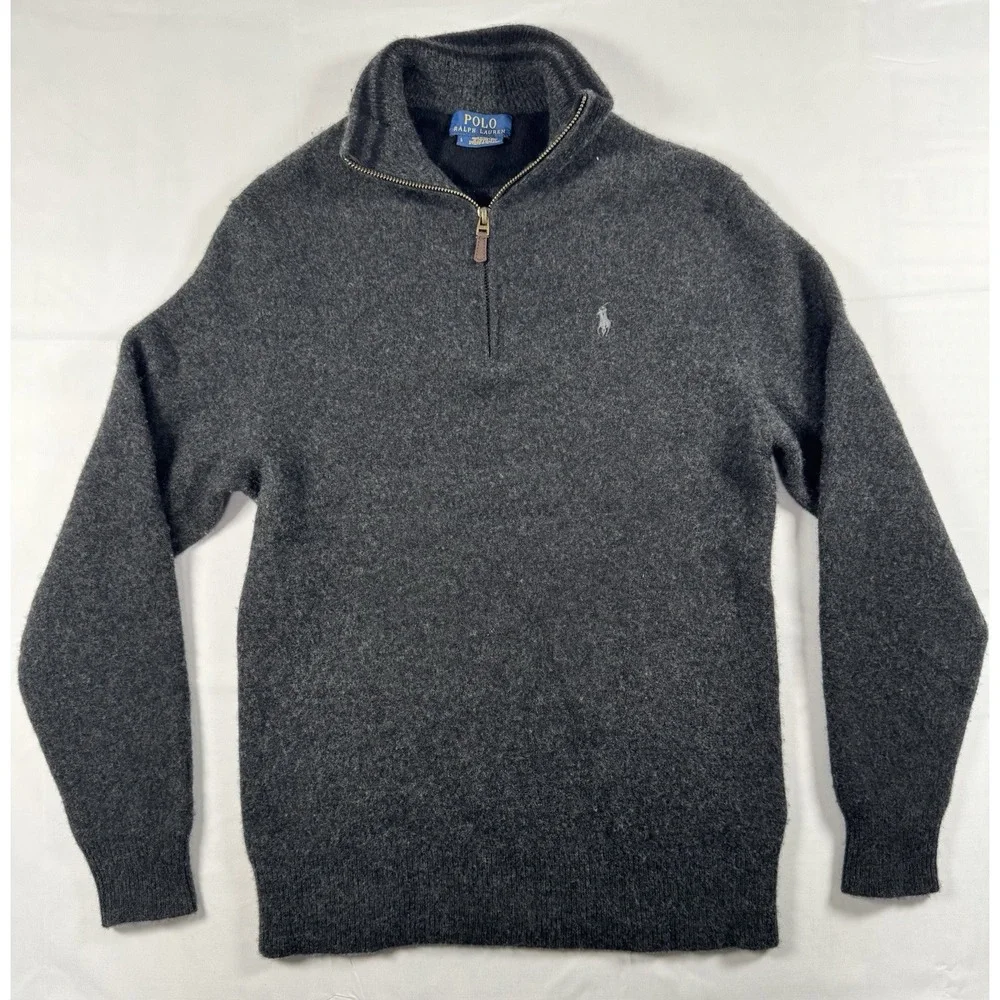 Polo Ralph Lauren Boys L 14-16 Wool Quarter Zip Sweater Gray Italian Yarn Pony